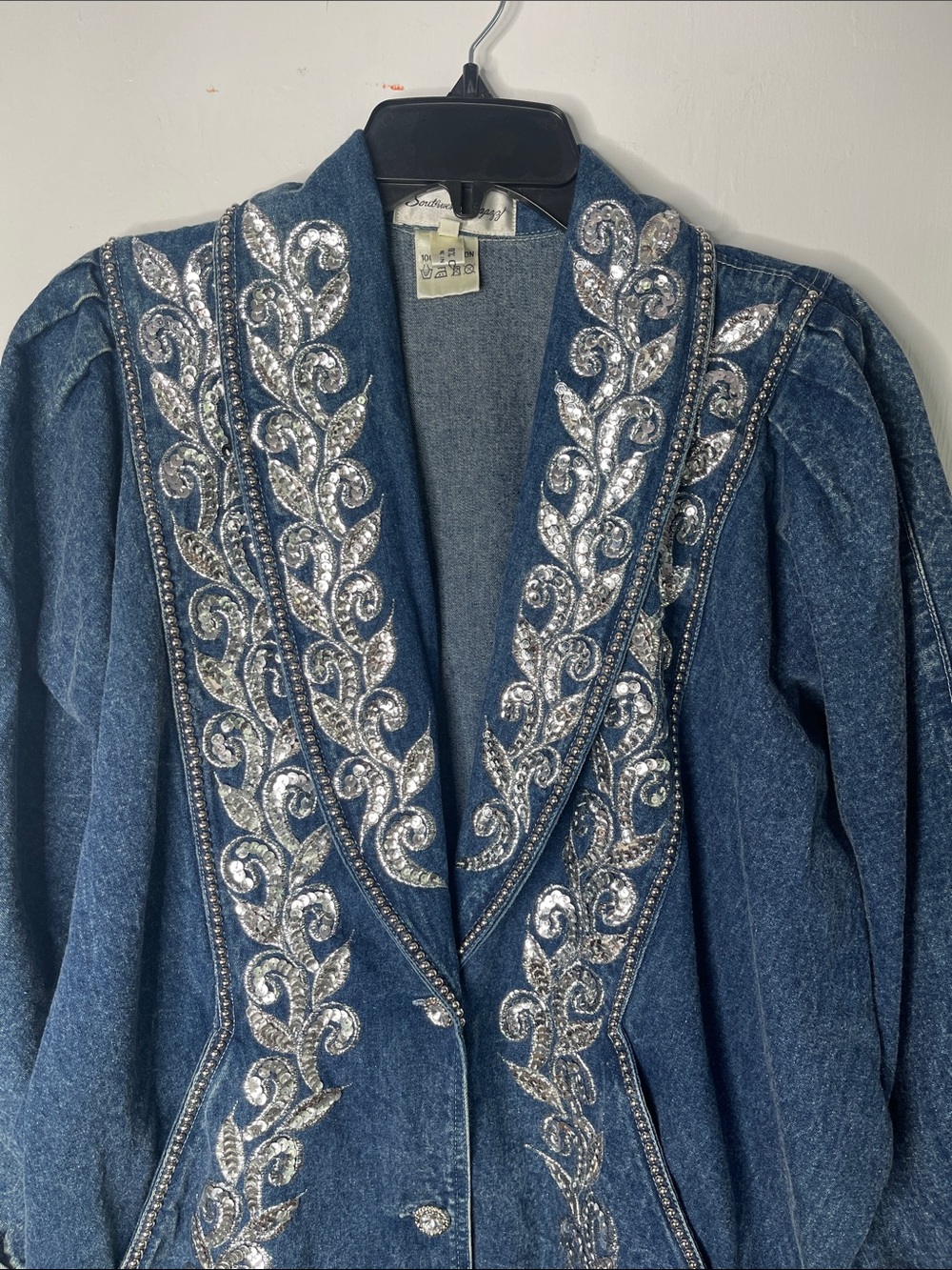 Vintage Denim Sequins Jacket 80s Large Beaded Cotton Long Length Golden Girls L - Picture 4 of 16
